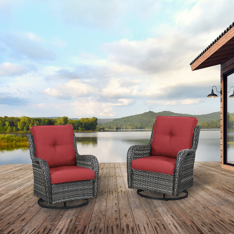 Wicker Rattan Swivel Patio Chairs Set of 2 Red Barrel Studio Cushion Color Red